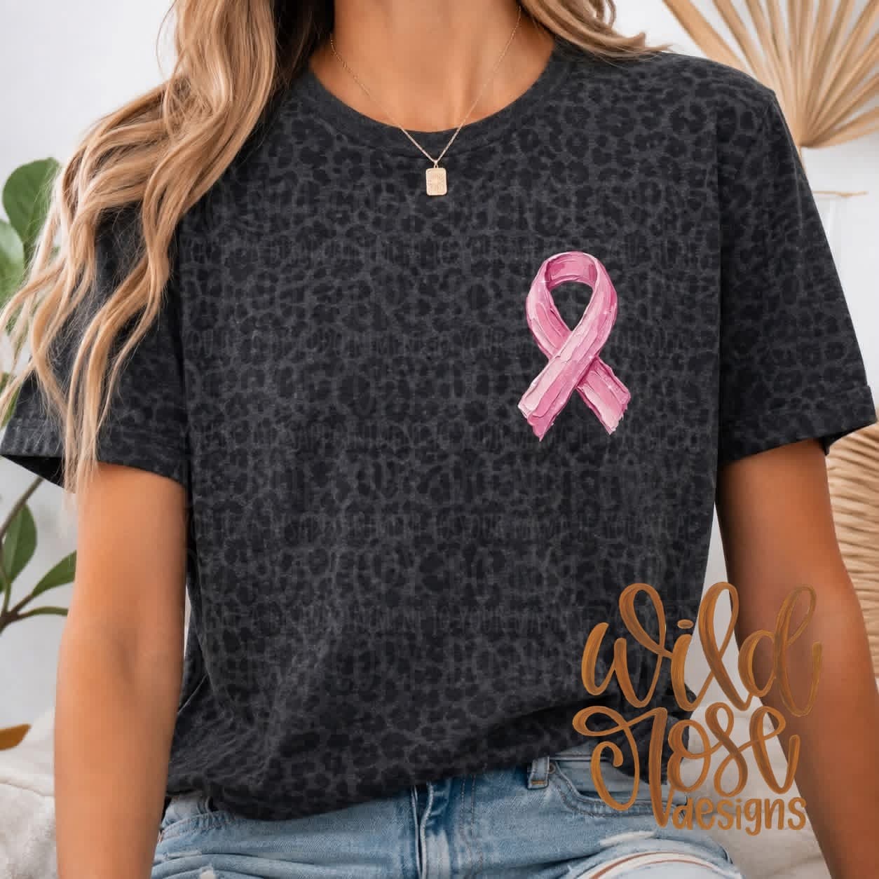 Breast Cancer Ribbon Black Leopard Tee